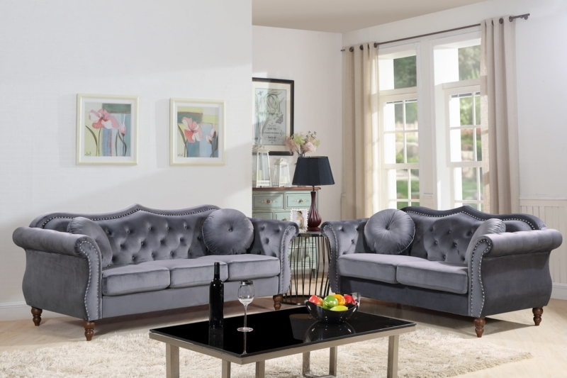 Living Room Set Gray Velvet Chesterfield with Ornate Clear Legs