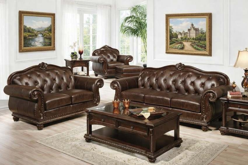 Living Room Set in European Traditional Tufted Leather Look (63 chars)