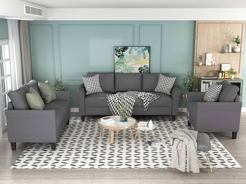 Living Room Set in Terracotta, Button Tufted with Rolled Arms