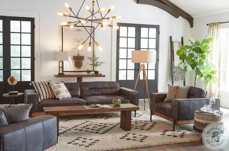Living Room Set Industrial Matte Black Leather-like Tapered Legs