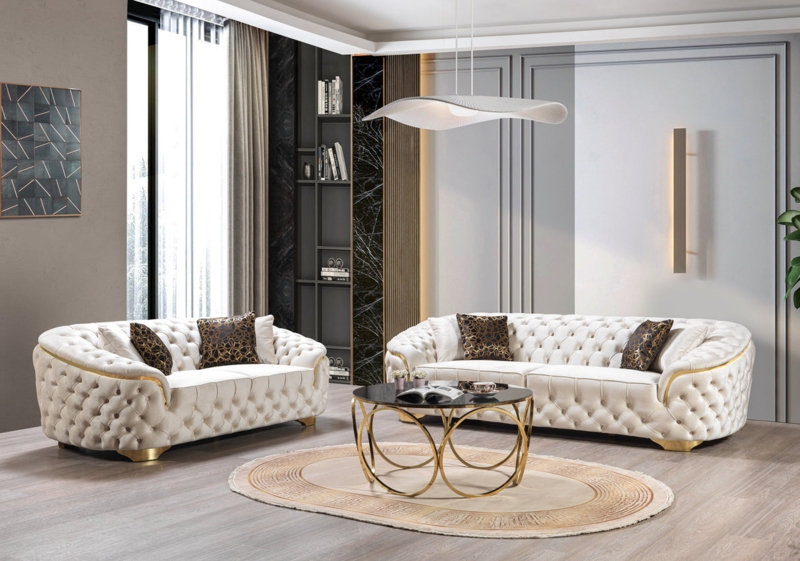 Living Room Set Ivory Velvet Channel Tufted with Gold Tapered Legs