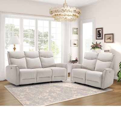 Living Room Set Light Grey Fabric Power Reclining Pillow Top Arms