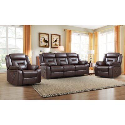 Living Room Set Manual Reclining Brown Leather-Like Three-Piece