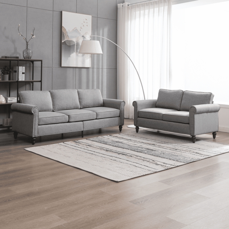 Living Room Set Minimalist Light Grey Fabric Track Arms