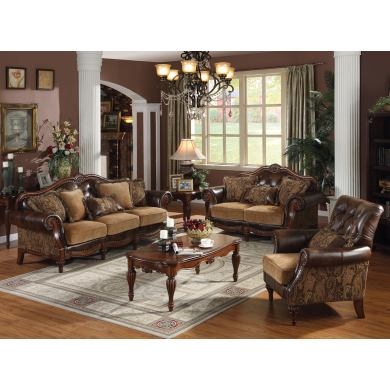 Living Room Set Mixed Material Seating Group Leather Like Carved Trim