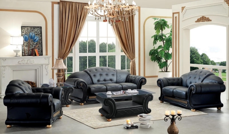 Living Room Set, Modern Black Leather-Like with Geometric Metal Legs