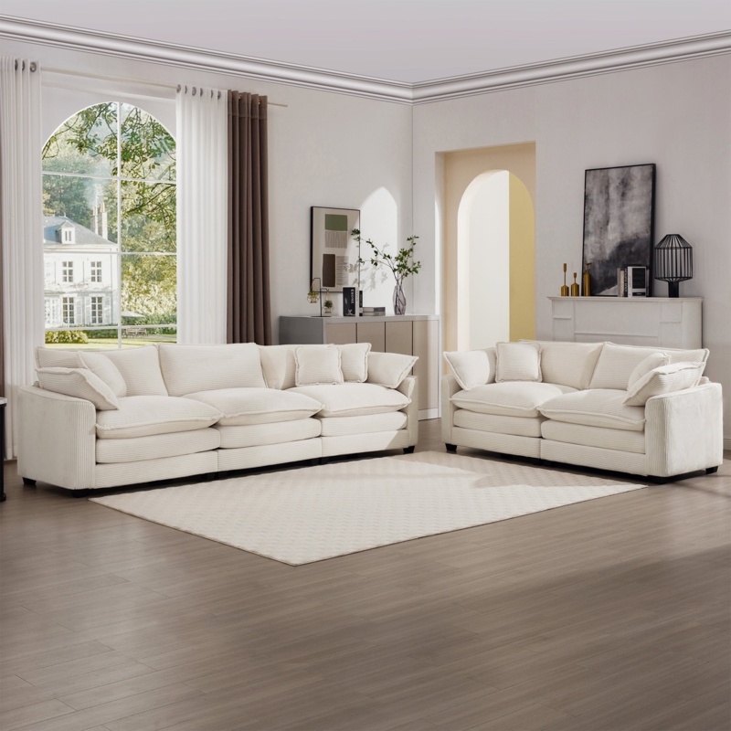 Living Room Set Modern Cream Blocky Silhouette Sofa