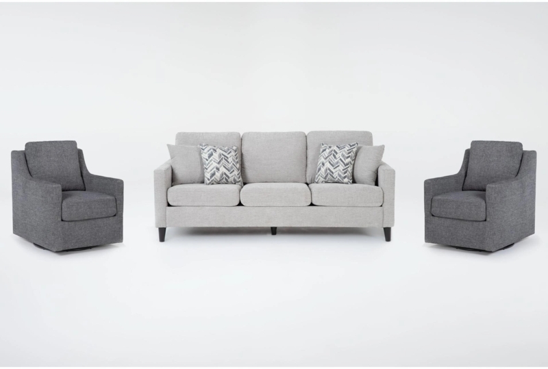 Living Room Set Monochromatic Grey Swivel Base Track Arms