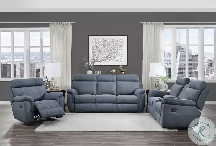 Living Room Set Navy Blue Leather-Like Drop-Down Cup Holders Stitching