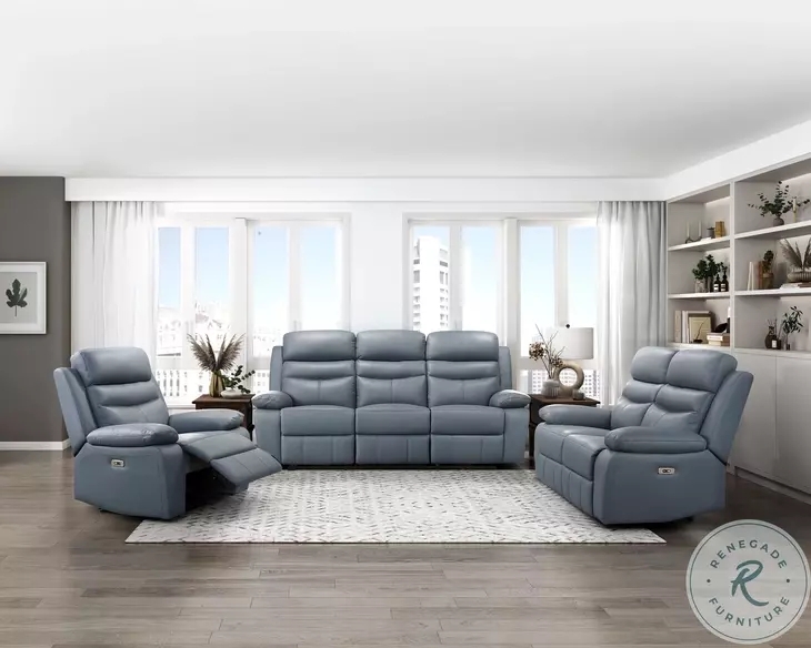 Living Room Set Navy Blue Power Reclining Console Contrast Stitching