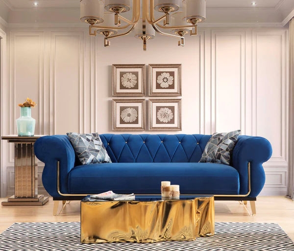 Living Room Set Navy Blue Velvet Channel Tufted Gold Tapered Legs