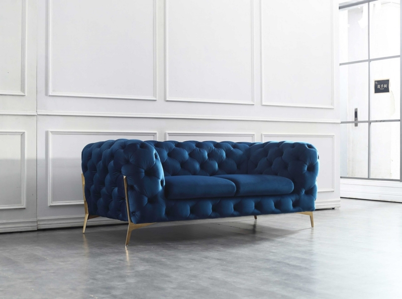 Living Room Set Navy Blue Velvet Geometric Tufting Gold Pencil Legs
