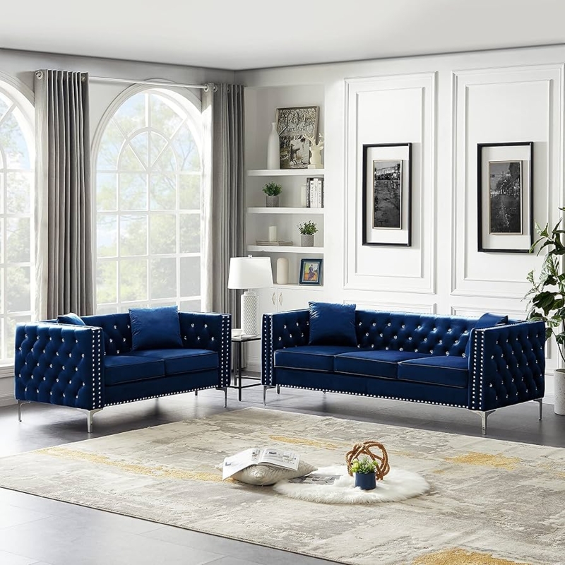 Living Room Set Navy Velvet Button Tufting Gold Legs Glam Style