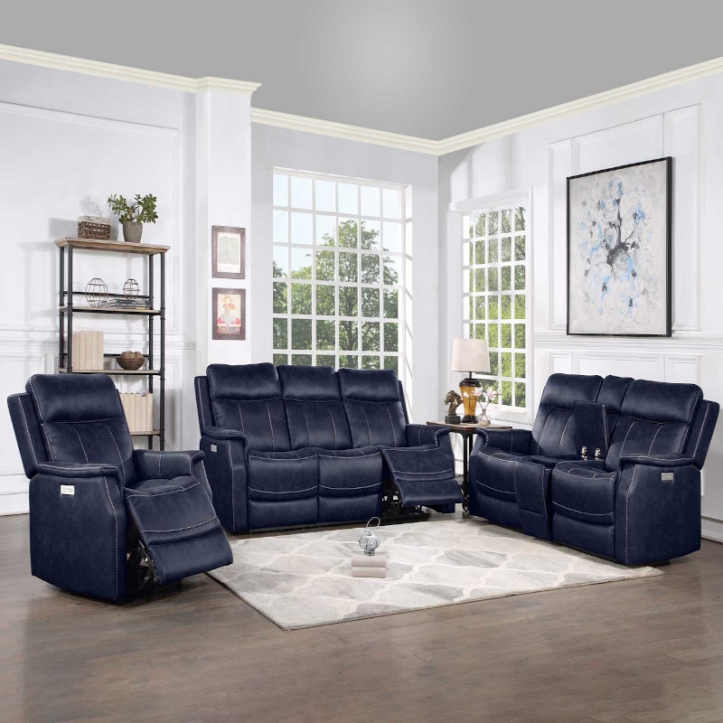 Living Room Set Ocean Blue Power Reclining Contrast Stitching