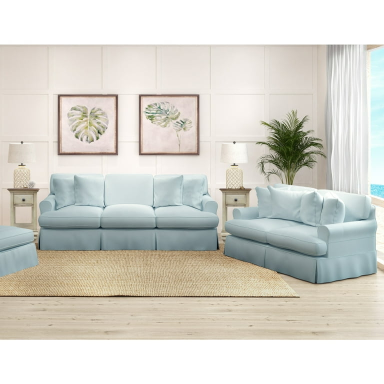Living Room Set Ocean Blue Slipcovered Rolled Arms Coastal Washable