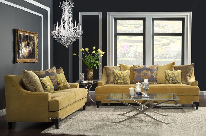 Living Room Set Ornate Gold Frame Beige Damask Victorian Style