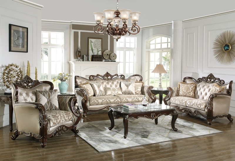 Living Room Set Ornate Wood Carved Sofa Collection Cream Damask