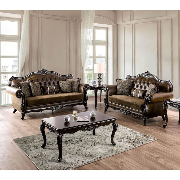 Living Room Set Ornate Wood Trim Deep Tufting Traditional Set