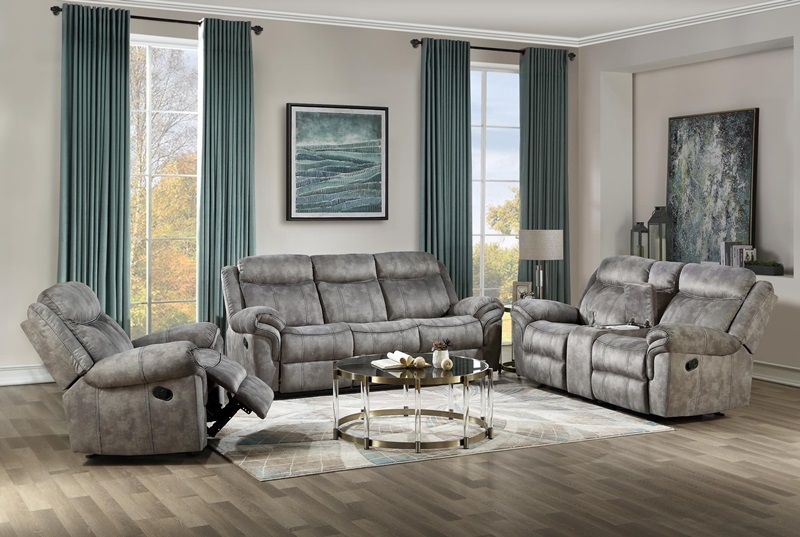 Living Room Set Overstuffed Cushions Console 3-Piece Manual Recline