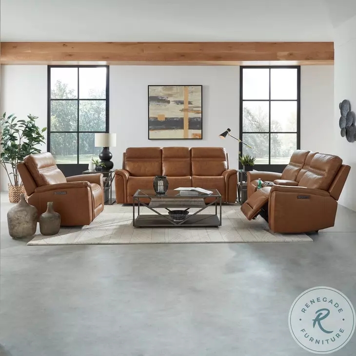 Living Room Set Power Reclining Tan Leather USB Ports Industrial