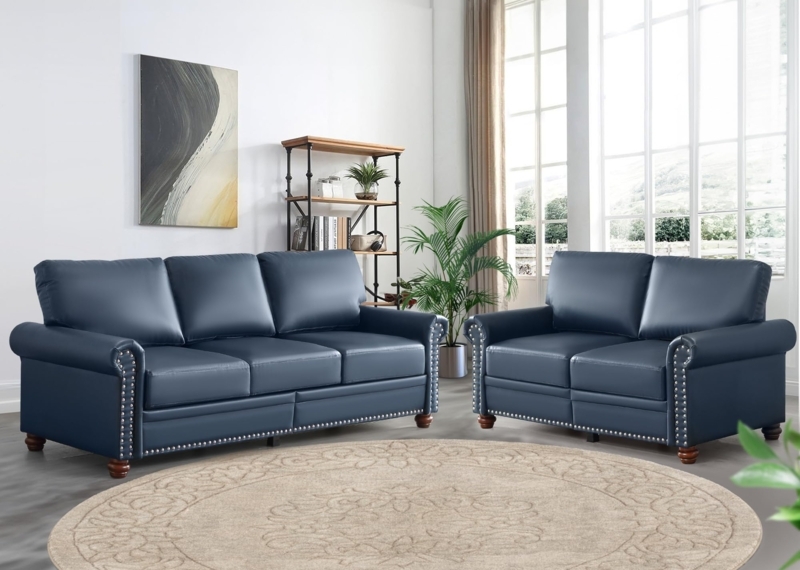 Living Room Set Rivet Rolled Arm Navy Blue Faux Leather Sofa Set