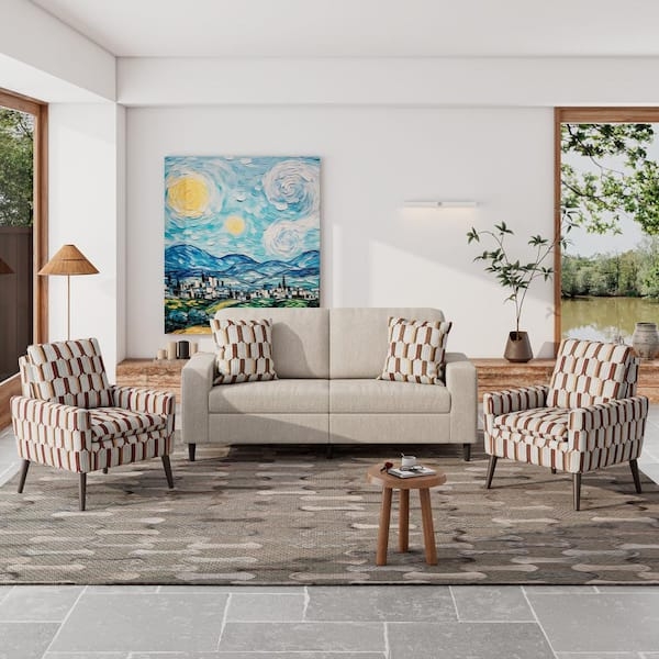 Living Room Set Sand Boucle Loveseat Striped Chairs Mid-Century Style
