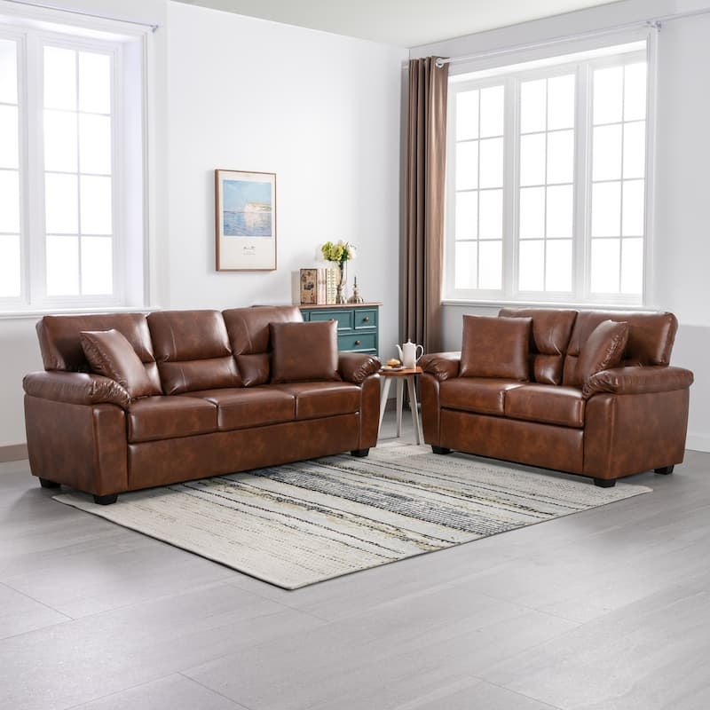 Living Room Set Slim Metal Legs Tan Faux Leather Minimalist