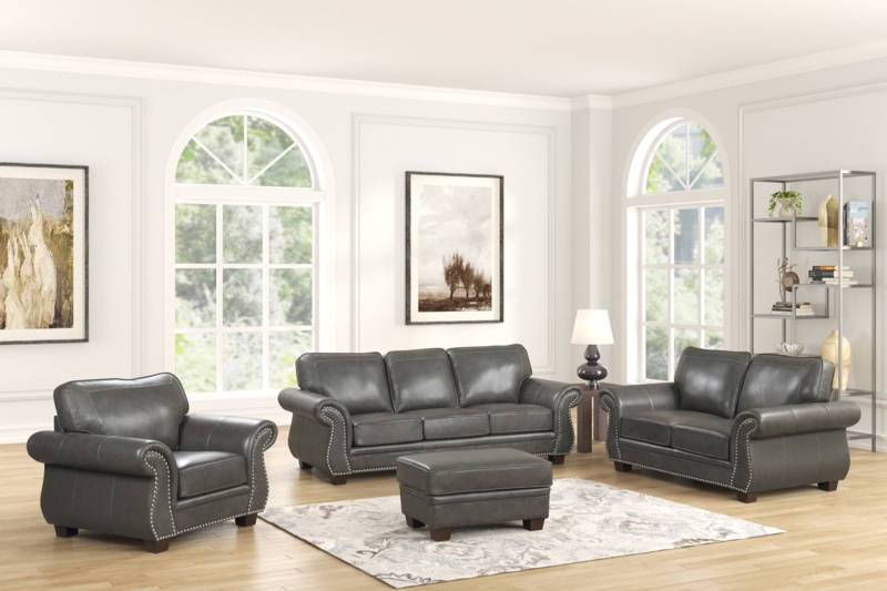Living Room Set Smoke Grey Leather with Matching Ottoman Track Arms