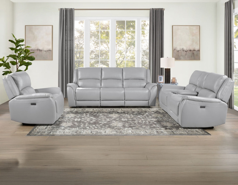 Living Room Set Stone Grey Color Integrated Console Power Reclining