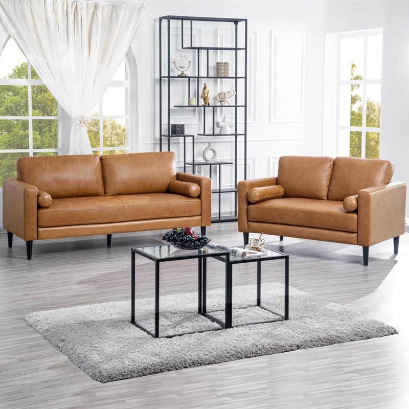 Living Room Set Tan Leather Button Tufted Sofa Loveseat
