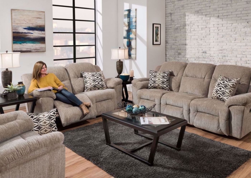 Living Room Set Tan Power Reclining Pillow Top Arms Leather-Like