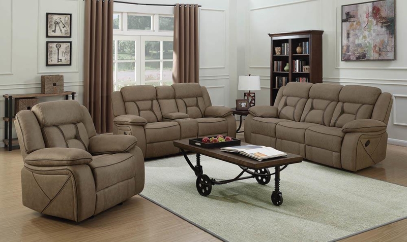 Living Room Set Tan Suede-Like Fabric Pillow Top Arms 3-Piece