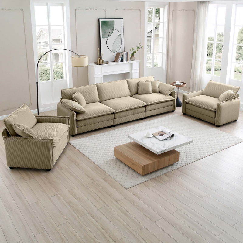 Living Room Set, Tan Wide Wale Ribbing, Plush Silhouette, Corduroy Style