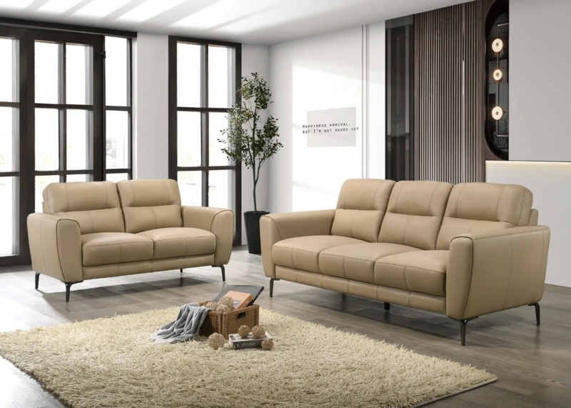 Living Room Set Taupe Leather-Like Track Arms Contemporary Sofa Set