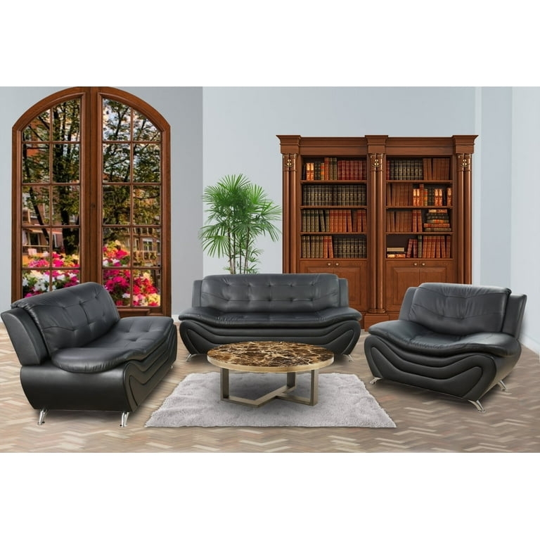 Living Room Set Three Piece Leather-like Grid Tufted