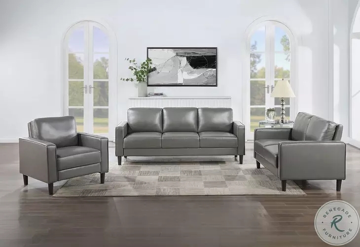 Living Room Set Track Arms Brown Leather Like Contemporary Sofa Set