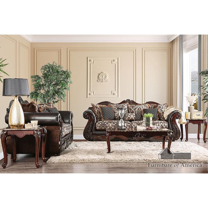 Living Room Set Traditional Brown Carved Wood Scrolled Arms Tufted
