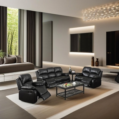 Living Room Set Traditional Tan Faux Leather Manual Reclining Levers