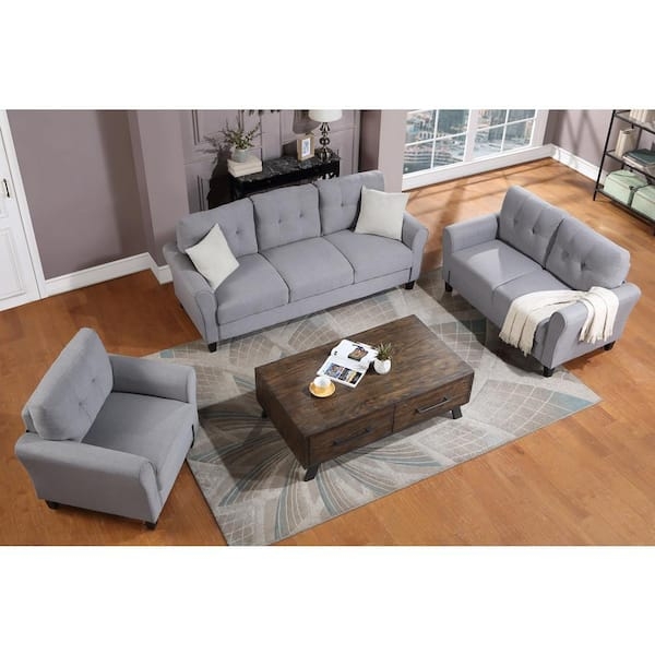 Living Room Set Transitional Bun Feet Gray-Blue Upholstery