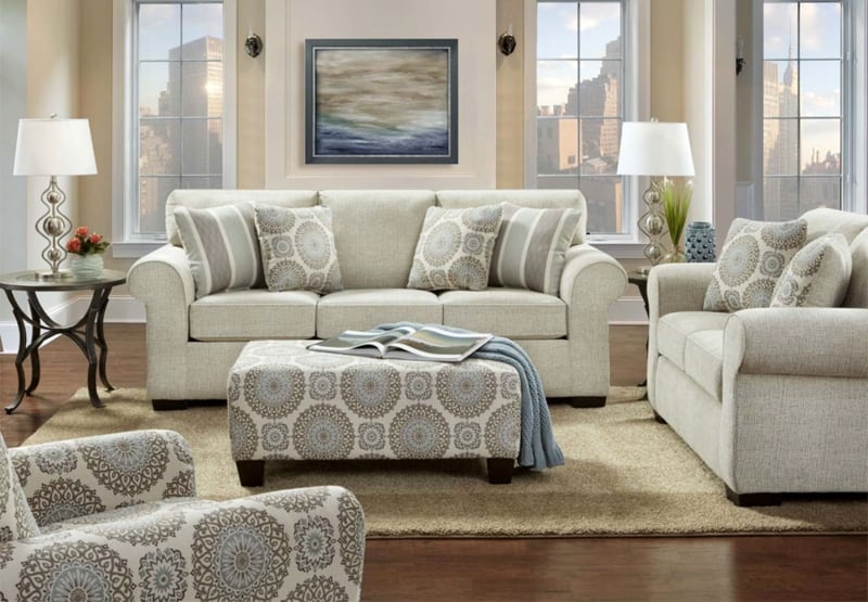 Living Room Set Transitional Linen Look Track Arms Beige Navy Pillows