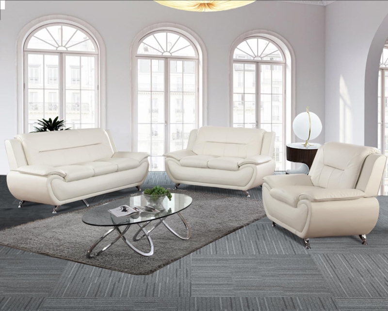 Living Room Set Tufted White Faux Leather Mid Century Modern Sofa Set