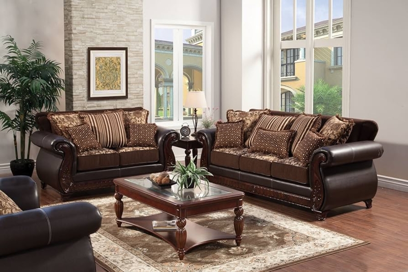 Living Room Set Two-Tone Upholstery, Carved Wood Trim, Bun Feet