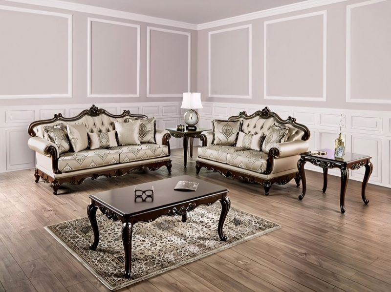 Living Room Set Victorian Ornate Wood Trim Button Tufting