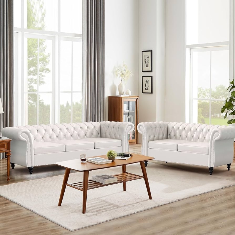 Living Room Set White Faux Leather Tufted Back Tapered Legs Mid-Century