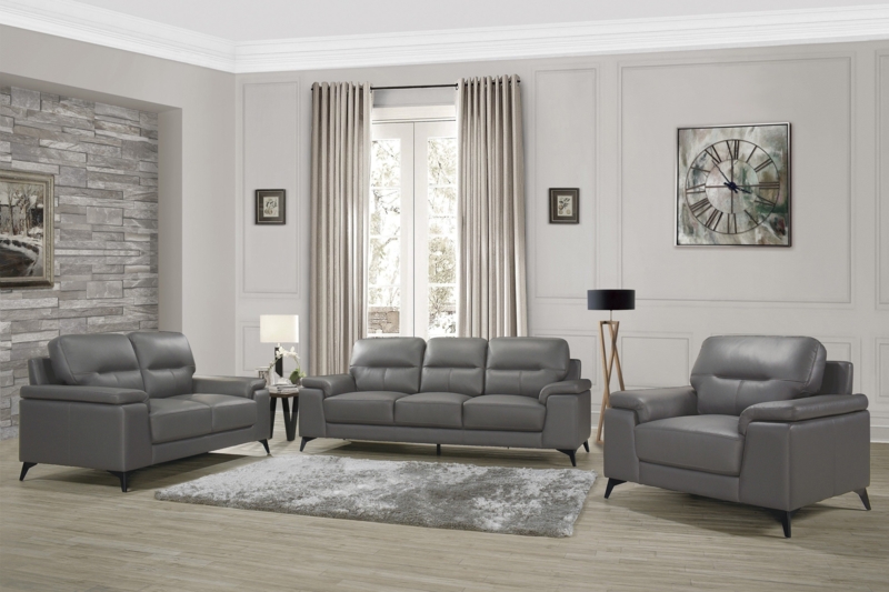 Living Room Set with Chrome Accents and Adjustable Headrests in Charcoal