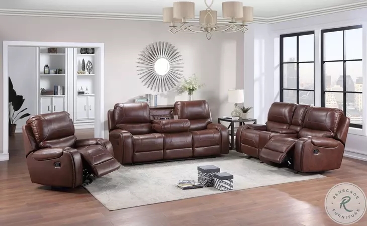 Living Room Set with Dropdown Table in Brown Leather-Like