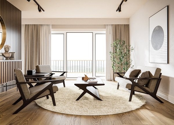 Living Room Set with Exposed Wood Frame, Gray Woven Upholstery.