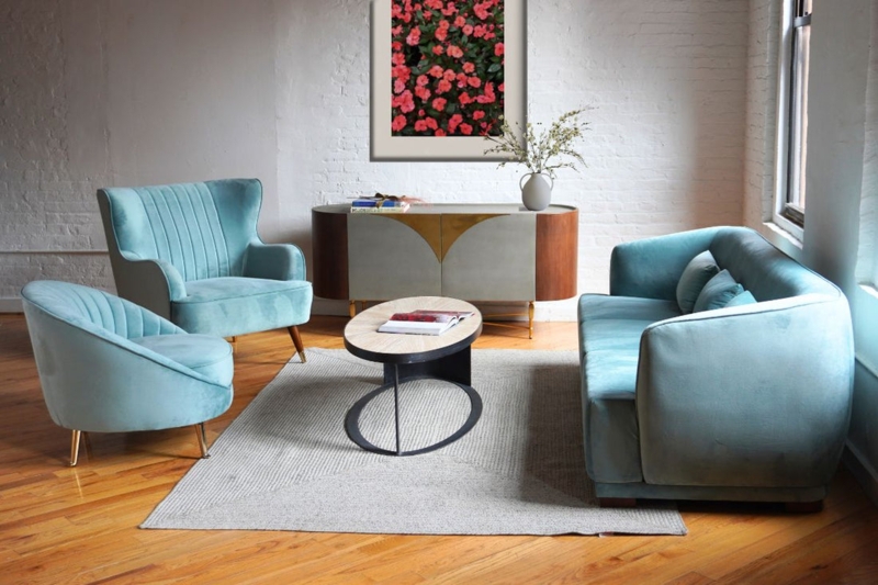 Living Room Set with Mustard Green Upholstery & Arched Floor Lamp.