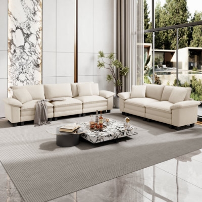 Living Room Set with Oversized Modular Cushions, Minimalist Beige