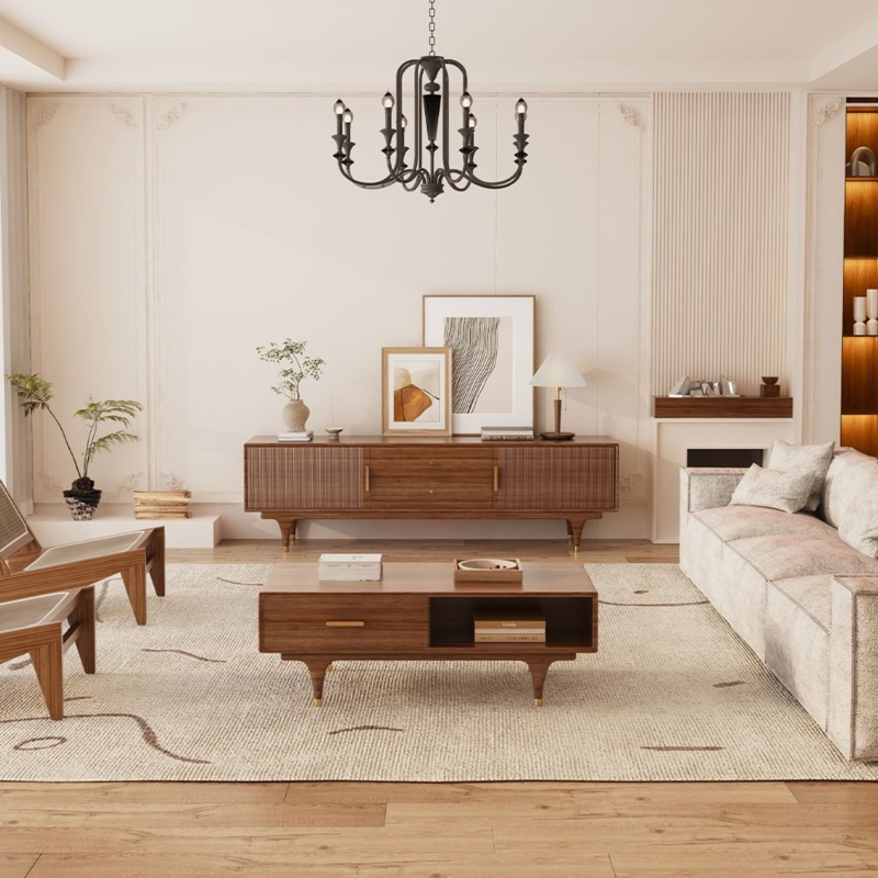 Living Room Set with Slatted Detailing, Gold Tipped Legs & Low Profile.
